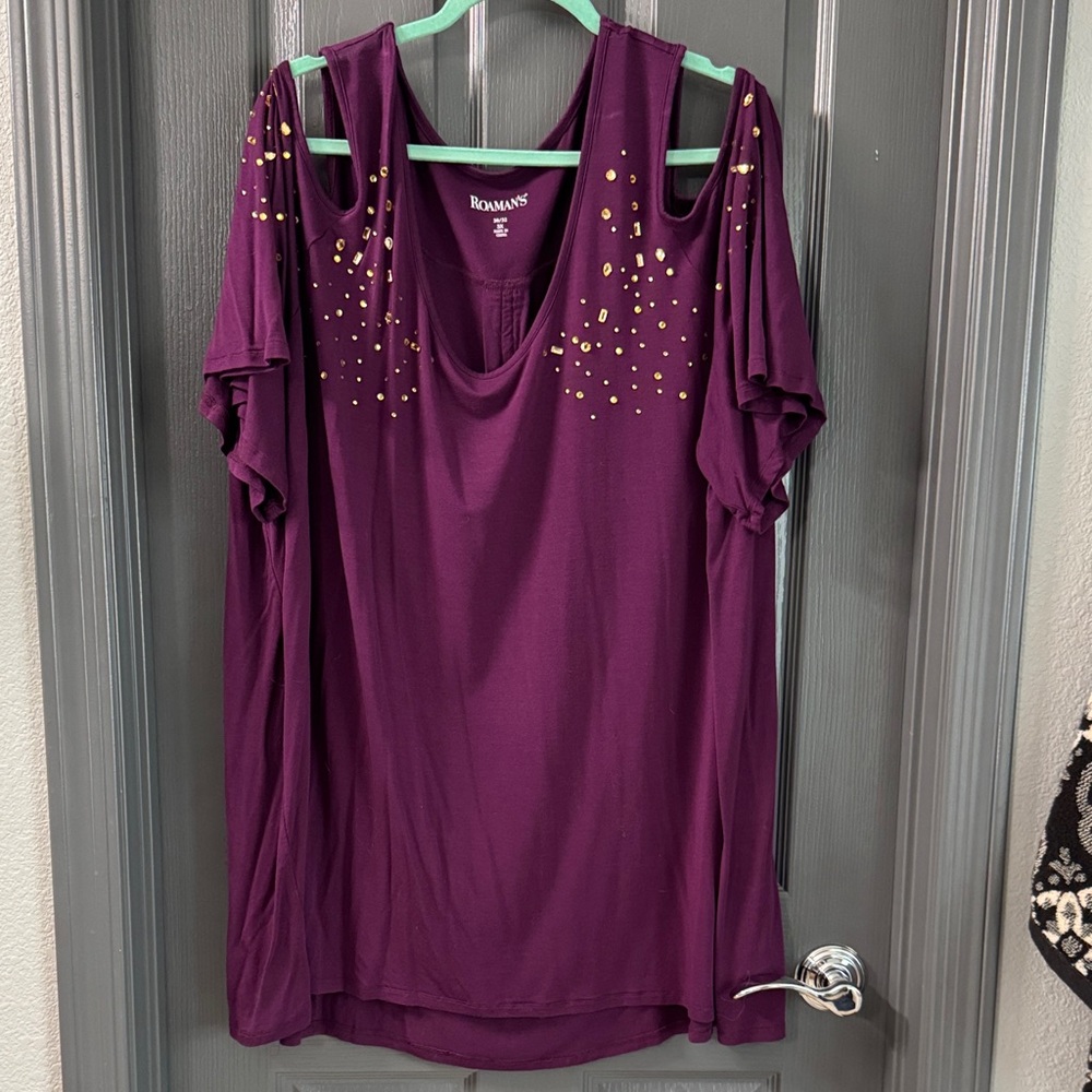 Roaman's Deep Purple Cold Shoulder Blouse with Gold Gems